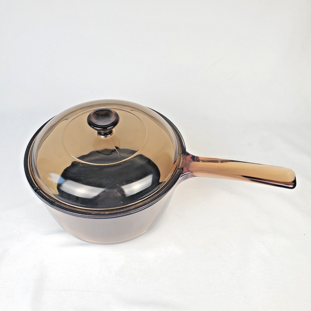 Vintage Corning Vision Ware 1.5 L Amber Glass Pot Sauce Pan With Lid Made In USA